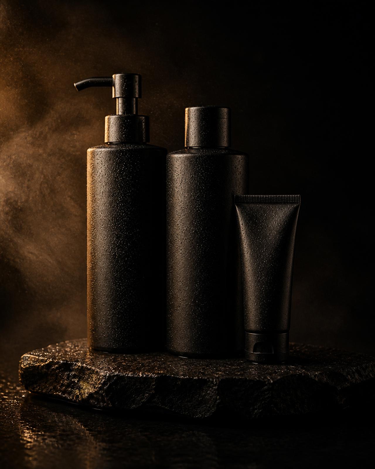 Three unbranded matte black grooming containers lit with warm brass light